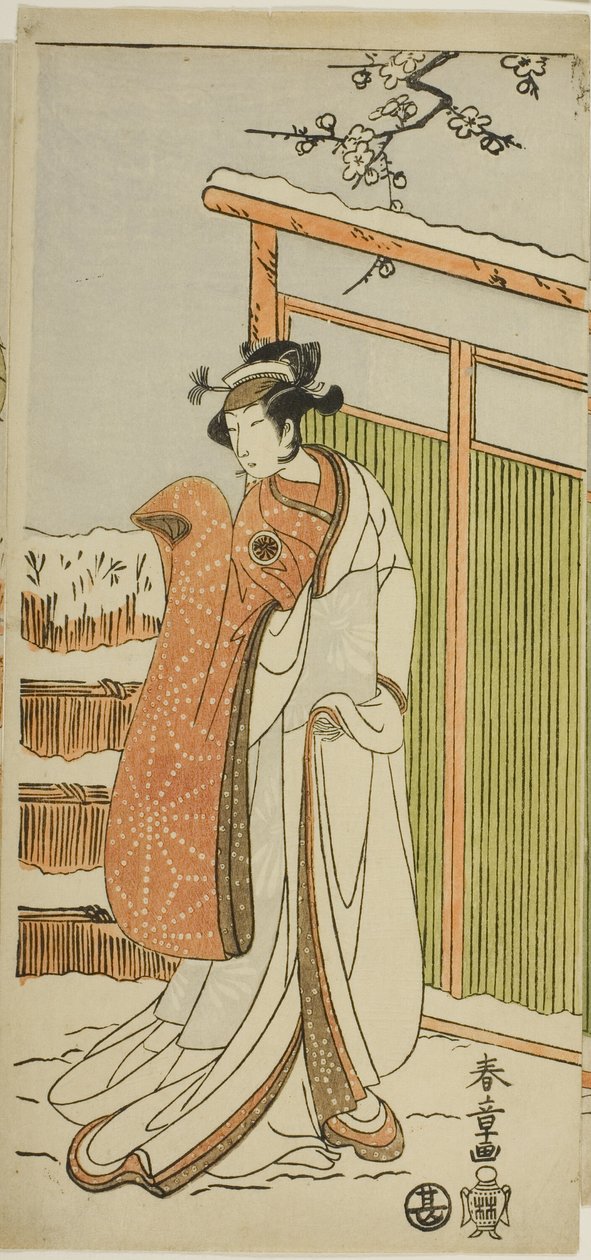 Herec Segawa Kikunojo II jako Yuki Onna (Sněhurka) v tanečním intermezzu ve druhé scéně Joruri "Rouha kurtizány na sněhobílé tváři (Oyama Beni Yuki no Sugao)" ze hry "Bavlněná vata z Izu chránící manželské chryzantémy (M od Katsukawa Shunsho