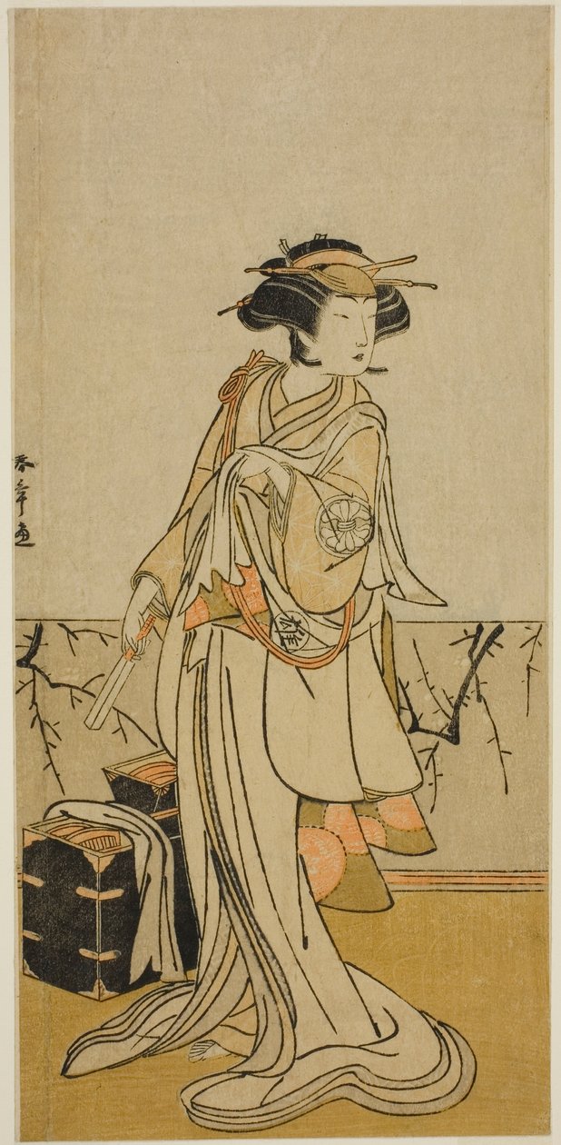 Herec Segawa Yujiro I jako Osai, ženská kadeřnice, ve hře Kamuri Kotoba Soga no Yukari, hrál v divadle Ichimura v prvním měsíci, 1776 od Katsukawa Shunsho
