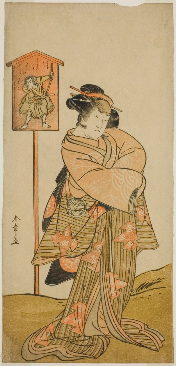 Yamashita Kinsaku II jako Lady Manko (Manko Gozen) (?) ve hře Hatsumombi Kuruwa Soga (?), hrané v divadle Nakamura (?) v prvním měsíci roku 1780 (?) od Katsukawa Shunsho