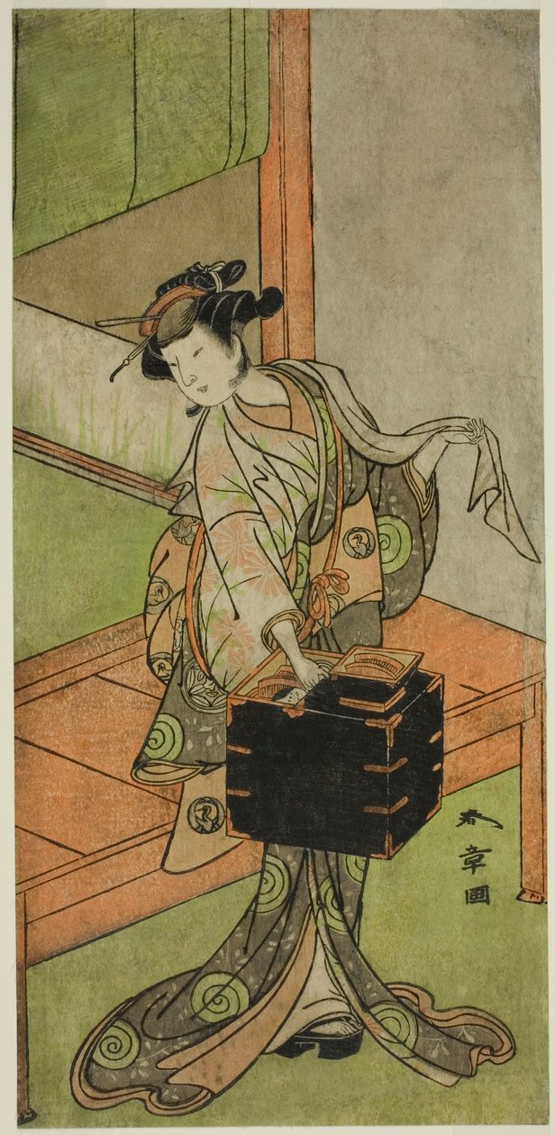 Herec Yamashita Kinsaku II jako Miyagino převlečený za kadeřníka ve hře Kosode-gura no Tekubari, uvedené v divadle Morita ve druhém měsíci, 1772 (?) od Katsukawa Shunsho