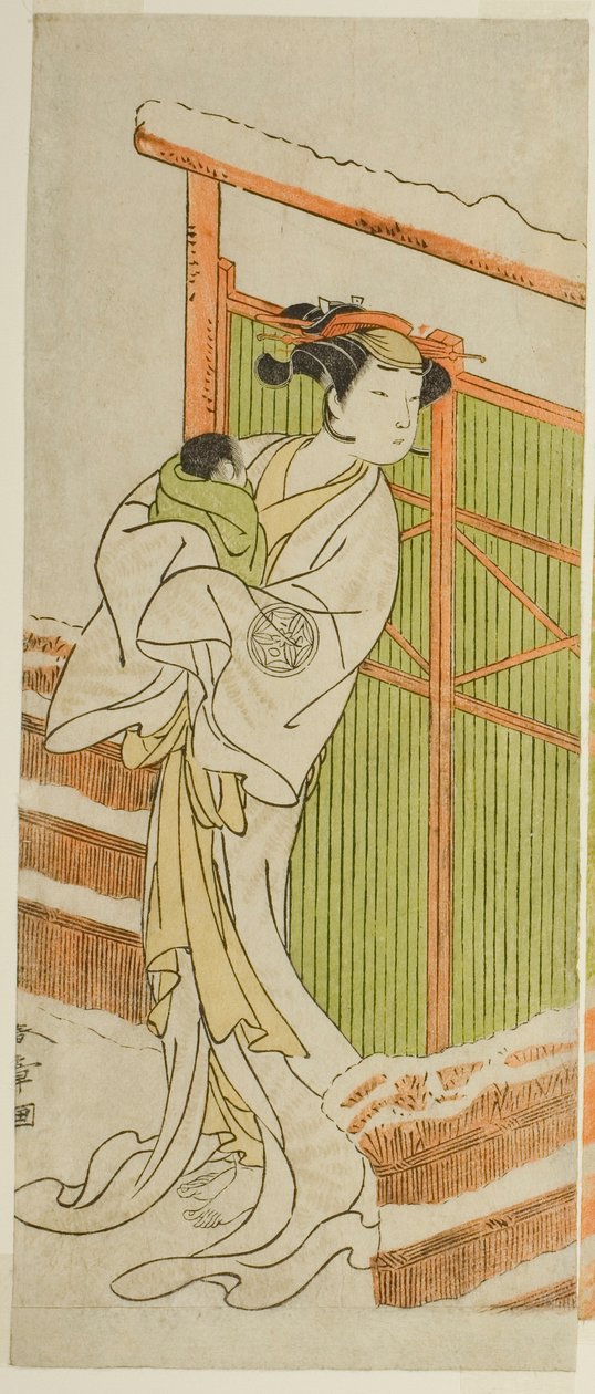 Herec Yamashita Kinsaku II jako Moshio ve hře Izu-goyomi Shibai no Ganjitsu, hrál v divadle Morita v jedenáctém měsíci, 1772 od Katsukawa Shunsho