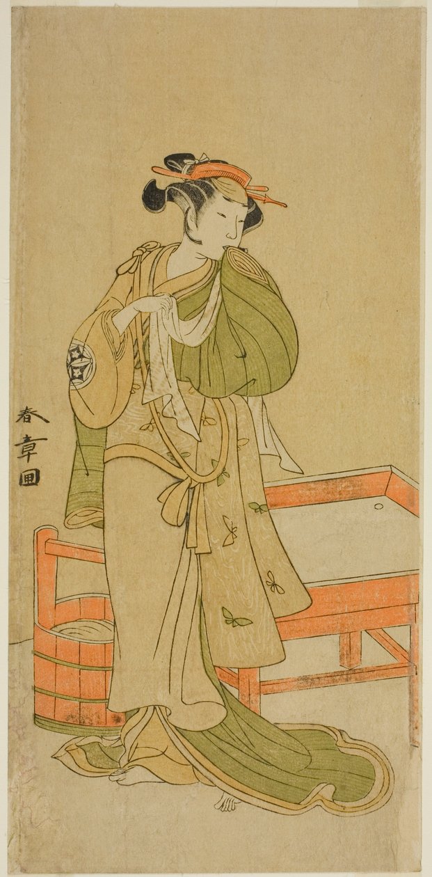 Herec Yamashita Kinsaku II jako Moshio ve hře Izu-goyomi Shibai no Ganjitsu, hrál v divadle Morita v jedenáctém měsíci, 1772 od Katsukawa Shunsho