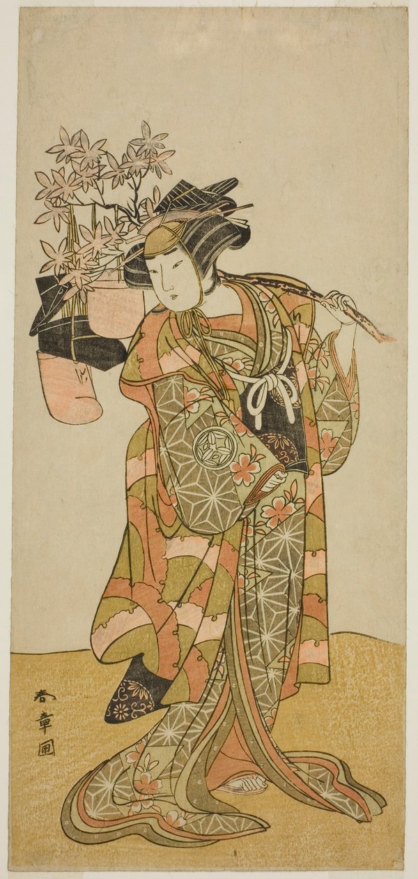 Herec Yamashita Kinsaku II jako Odai, prodejce eboshi (klobouků) ve hře Hana-zumo Genji Hiiki, hrál v divadle Nakamura v jedenáctém měsíci, 1775 od Katsukawa Shunsho