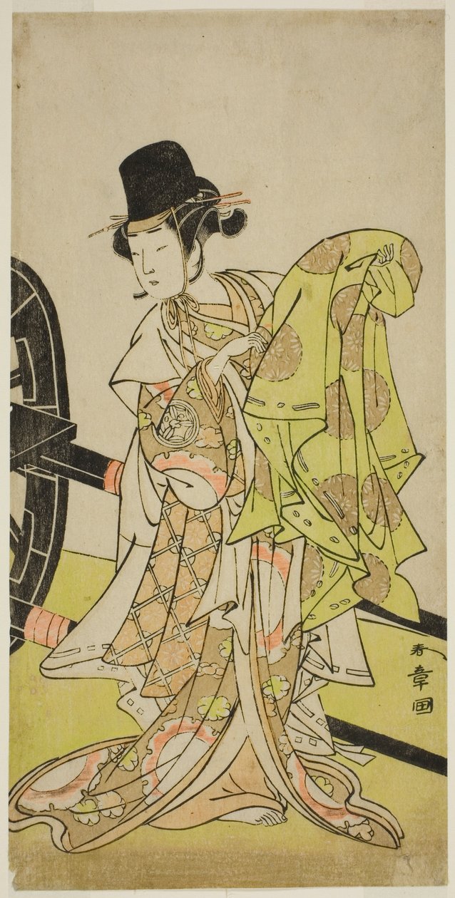 Herec Yamashita Kinsaku II jako Tsukimasu, působící jako Sakura-maru, ve hře Miya-bashira Iwao no Butai, hrál v divadle Morita v sedmém měsíci, 1773 od Katsukawa Shunsho