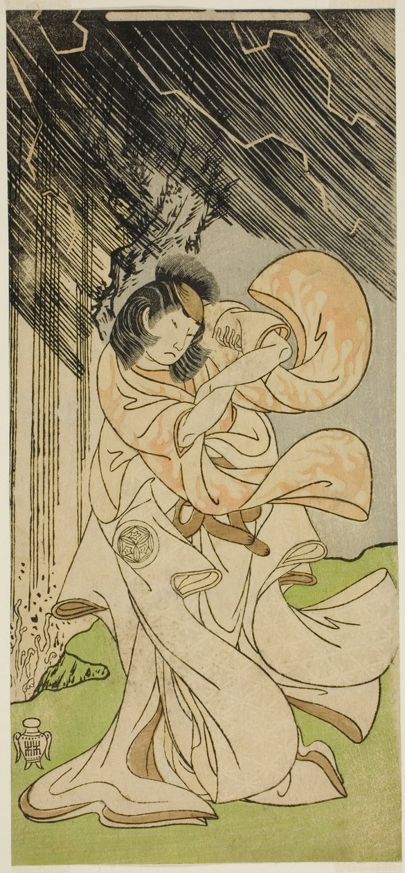Herec Yamashita Kinsaku II jako bohyně hromu ve hře Onna Narukami, hrál v divadle Morita v prvním měsíci, 1770 od Katsukawa Shunsho