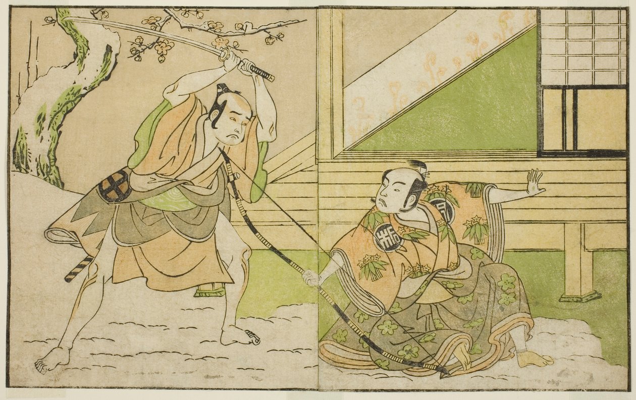 Herci Arashi Sangoro II jako Hojo Tokiyori (vpravo) a Otani Hiroji III jako Koga Saburo (vlevo) ve hře Play Kono Hana Yotsugi no Hachi no Ki, představení v divadle Ichimura v jedenáctém měsíci, 1771 od Katsukawa Shunsho