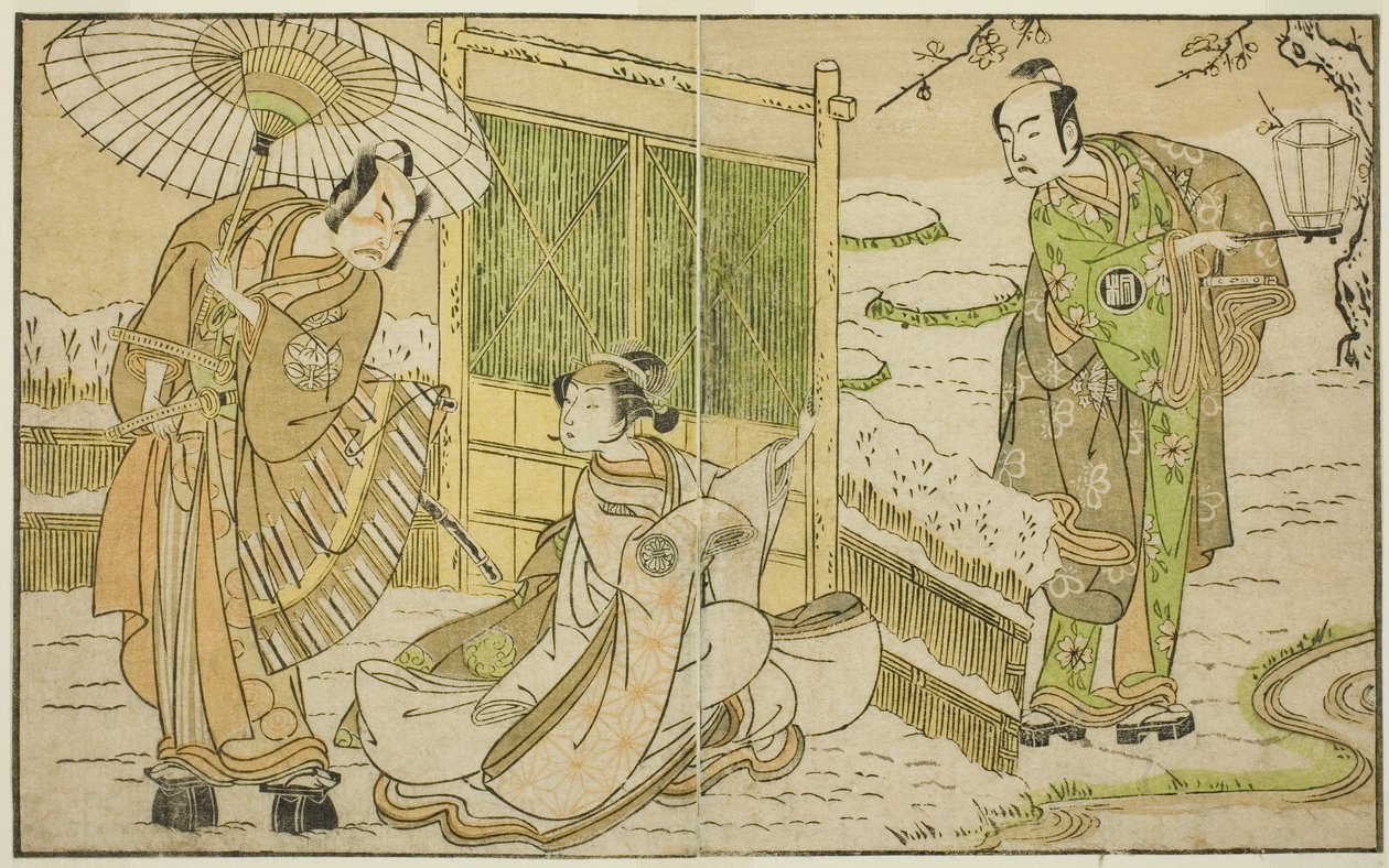 Herci Arashi Sangoro II jako Minamoto no Yoritomo (vpravo), Segawa Kikunojo II jako Yuki Onna (uprostřed) a Ichimura Uzaemon IX jako Kajiwara Genta no Kagetoki ve hře Play Myoto-giku Izu no Kisewata v divadle Ichimura v Jedenáctý měsíc, od Katsukawa Shunsho