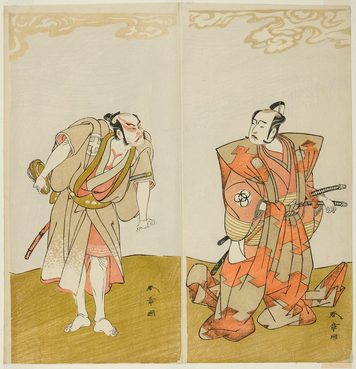 Herci Bando Mitsugoro I jako Hata no Kawakatsu (vpravo) a Otani Hiroemon III jako sluha (Yakko) Gansuke (vlevo) ve hře Miya-bashira Iwao no Butai (Sloupy svatyně na kamenné základně), představení v Moritě Divadlo z patnáctého dne t. zv od Katsukawa Shunsho