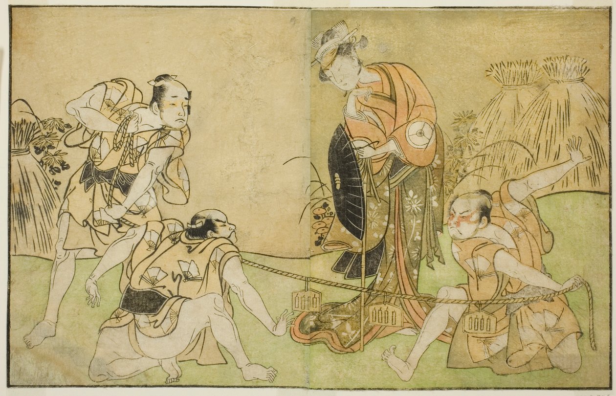 Herci Bando Zenji I jako Nagahashi Saburo, Iwai Hanshiro IV jako Otatsu-gitsune, Nakamura Konozo jako Hagai Ujitsune a Neznámý herec (zprava doleva) ve hře Play Nue no Mori Ichiyo no Mato v divadle Nakamura v Jedenáctý měsíc, od Katsukawa Shunsho