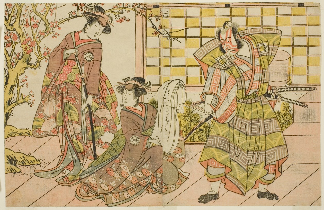 Herci Ichikawa Danjuro V jako Miura Kunitae (vpravo), Segawa Kikunojo III jako Yasukata (uprostřed) a Iwai Hanshiro IV jako Utou (vlevo) ve hře Play Godai Genji Mitsugi no Furisode v divadle Nakamura v jedenáctém měsíci, 1782 od Katsukawa Shunsho