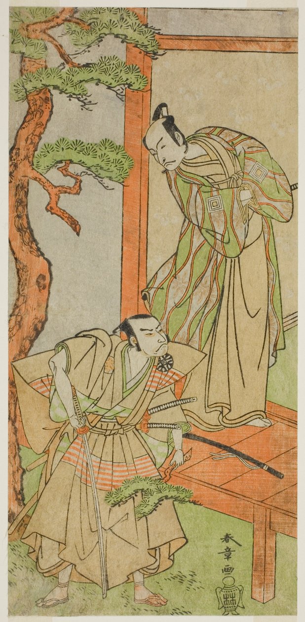 Herci Ichikawa Danjuro V jako Momonoi Wakasanosuke (vpravo) a Nakamura Nakazo I jako Kakogawa Honzo (vlevo) ve hře Kanadehon Chushingura, představení v divadle Nakamura v pátém měsíci, 1771 od Katsukawa Shunsho