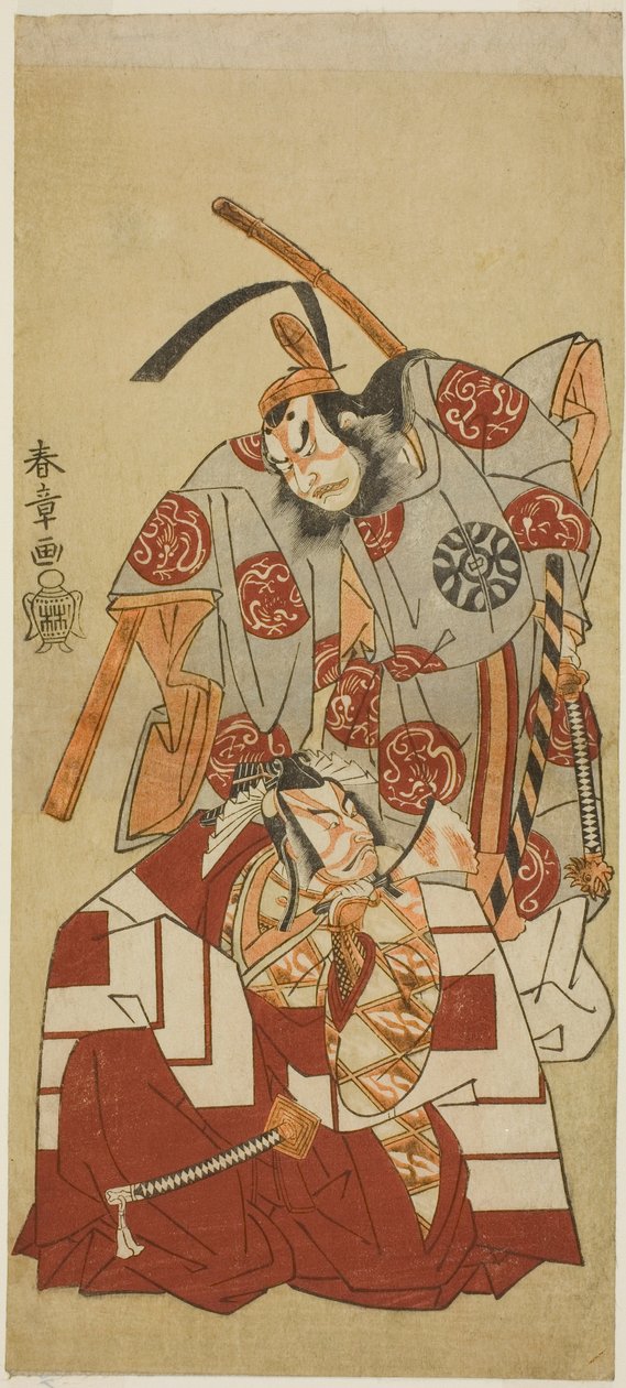 Herci Ichikawa Danjuro V jako Watanabe Kiou Takiguchi (dole) a Nakamura Nakazo I jako Taira no Kiyomori (nahoře) ve scéně "Shibaraku" ze hry Play Nue no Mori Ichiyo no Mato (Forest of the Nue Monster: Target of the Jedenáctý měsíc), Provádí se v t od Katsukawa Shunsho
