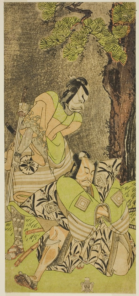 Herci Ichikawa Danzo III jako I no Hayata Tadazumi (vpravo) a Matsumoto Koshiro II jako Osada no Taro Kagemune (vlevo), ve hře Play Nue no Mori Ichiyo no Mato, uvedeno v divadle Nakamura v jedenáctém měsíci, 1770 od Katsukawa Shunsho
