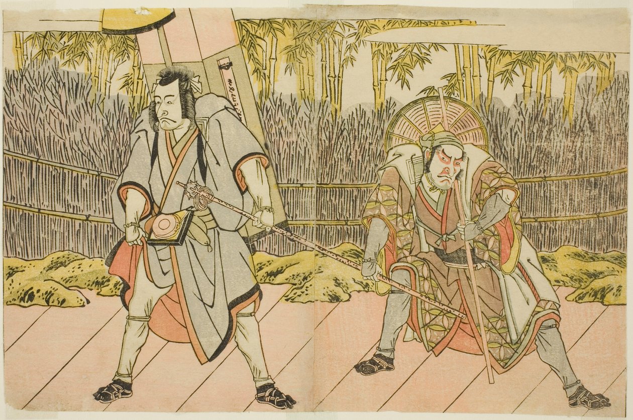 Herci Ichikawa Danzo IV jako Arakawa Taro Takesada v přestrojení za nositele Palanquin Tarobei (vpravo) a Ichikawa Danjuro V jako Abe no Sadato v přestrojení za poutníka Kuriyagawa Jirodayu (vlevo), ve hře Godai Genji Mitsugi no Furisode, představení v od Katsukawa Shunsho