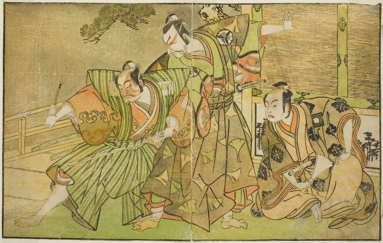 Herci Ichikawa Komazo II jako Minamoto no Yorimasa (vpravo), Matsumoto Koshiro II jako Osada no Taro Kagemune v přestrojení za Yatsurugi Zaemon (uprostřed) a Ichikawa Danzo III jako já bez Hayata Tadazumi (vlevo), ve hře Nue no Mori Ichiyo ne Mato, provedl od Katsukawa Shunsho