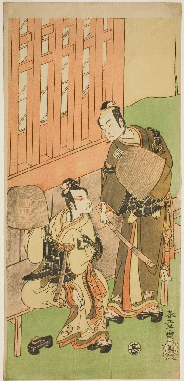 Herci Ichikawa Komazo II jako Soga no Juro Sukenari (vpravo) a Ichikawa Danjuro V jako Soga no Goro Tokimune (vlevo), v Komuso Attires, ve hře Sakaicho Soga Nendaiki, uvedeno v divadle Nakamura v prvním měsíci, 1771 od Katsukawa Shunsho
