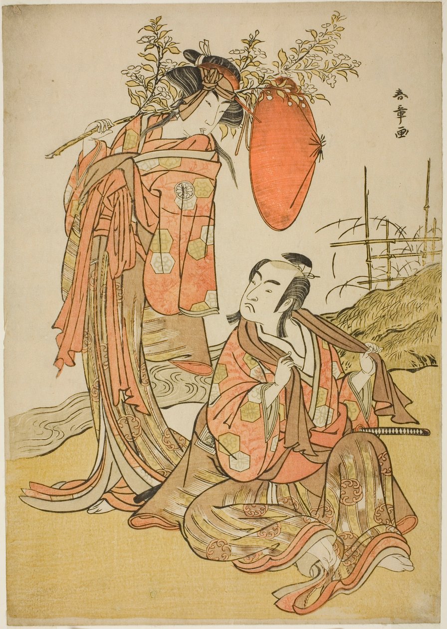 Herci Ichikawa Monnosuke II a Segawa Kikunojo III jako milenci Seijuro (vpravo) a Onatsu (vlevo), ve scéně útěku "Michiyuki Hiyoku no Kiku-cho" (An Elopemet: Hrysanthemum-and-Butterfly Lovebirds), taneční mezihra z Druhá část Pla od Katsukawa Shunsho