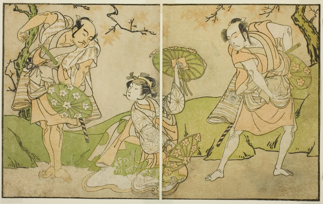 Herci Ichikawa Somegoro (vpravo), Segawa Kikunojo II (uprostřed) a Bando Sampachi (vlevo) v Neidentifikovaných rolích ve hře Myoto-giku Izu no Kisewata, představení v divadle Ichimura v jedenáctém měsíci, 1770 od Katsukawa Shunsho