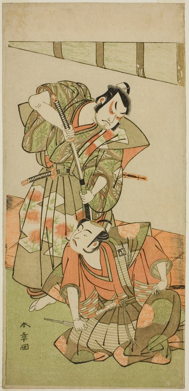 Herci Ichikawa Yaozo II jako Konoshita Hyokichi (?) (vpravo) a Sakata Hangoro II jako Matsunaga Daizen Hisahide (?) (vlevo), ve hře Play Gion Sairei Shinko Ki (?), vystupovali v divadle Ichimura (?) v roce Pátý měsíc, 1775 (?) od Katsukawa Shunsho