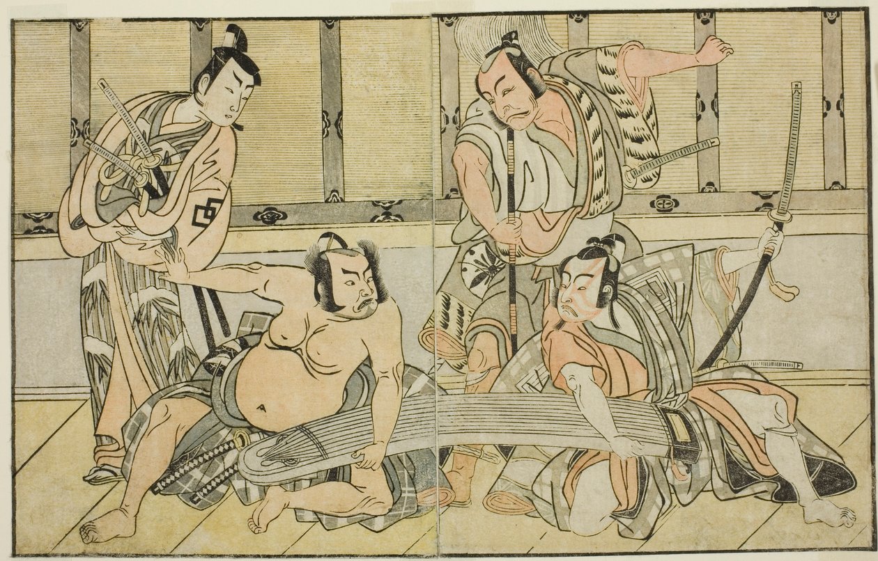 Herci Ichikawa Yaozo II jako Kujaku no Saburo, Matsumoto Koshiro II jako Hata no Daizen Taketora, Nakajima Mihoemon II jako Aramaki Mimishiro a Nakamura Shocho I jako Ki no Tsurayuki (zprava doleva), ve hře Play Kuni no Hana Ono no Itsumoji, Provedeno na t od Katsukawa Shunsho