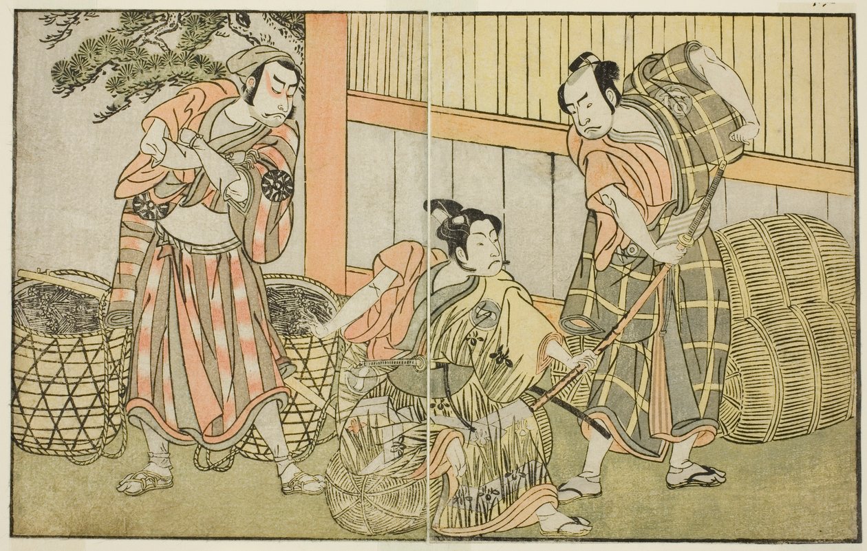 Herci Kasaya Matakuro II jako Hagun Taro (vpravo), Ichikawa Monnosuke II jako Izutsu no Suke Narihira (uprostřed) a Nakamura Nakazo I jako Kose no Kanaoka v přestrojení za Sogoro výrobce dřevěného uhlí, ve hře Kuni, Hana Ono no Itsumoji, hrají v Naka od Katsukawa Shunsho