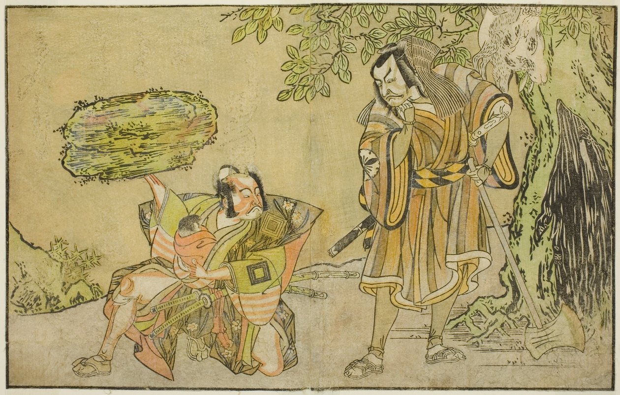 Herci Matsumoto Koshiro II jako Osada no Taro Kagemune v přestrojení za dřevorubce Gankutsu no Gorozo (vpravo) a Ichikawa Danzo III jako I no Hayata Tadazumi (vlevo) ve hře Play Nue no Mori Ichiyo no Mato, představení v divadle Nakamura v jedenáctka od Katsukawa Shunsho