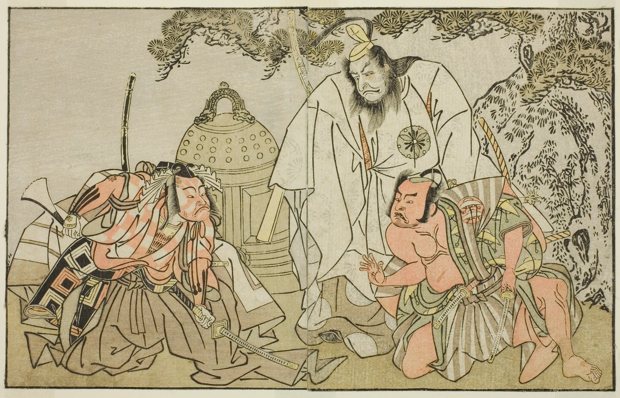 Herci Nakajima Mihoemon II jako Aramaki Mimishiro (vpravo), Matsumoto Koshiro II jako Otomo no Yamanushi (uprostřed) a Ichikawa Danzo III jako Hannya no Goro (vlevo), ve hře Kuni no Hana Ono no Itsumoji v divadle Nakamura v Jedenáctém od Katsukawa Shunsho