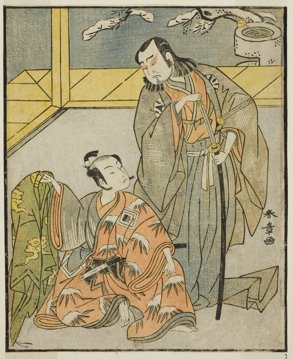 Herci Nakamura Denkuro II jako Suma no Dairyo (vpravo) a Ichikawa Komazo II jako Ariwara no Yukihira (vlevo), ve hře Kuni no Hana Ono no Itsumoji, představení v divadle Nakamura v jedenáctém měsíci, 1771 od Katsukawa Shunsho