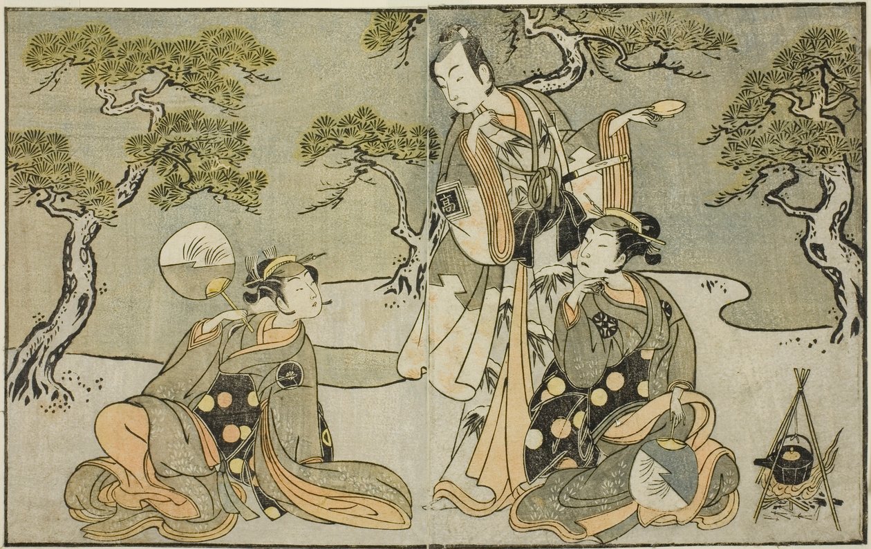 Herci Nakamura Nakazo I jako Matsukaze (vpravo), Ichikawa Komazo II jako Ariwara no Yukihira (uprostřed) a Iwai Hanshiro IV jako Murasame (vlevo), ve hře Kuni no Hana Ono no Itsumoji v divadle Nakamura v jedenáctém Měsíc, 1771 od Katsukawa Shunsho