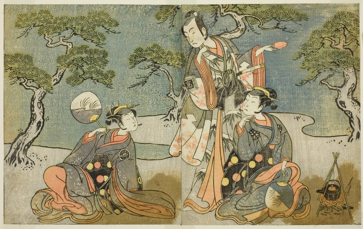 Herci Nakamura Nakazo I jako Matsukaze (vpravo), Ichikawa Komazo II jako Ariwara no Yukihira (uprostřed) a Iwai Hanshiro IV jako Murasame (vlevo), ve hře Kuni no Hana Ono no Itsumoji v divadle Nakamura v jedenáctém Měsíc, 1771 od Katsukawa Shunsho