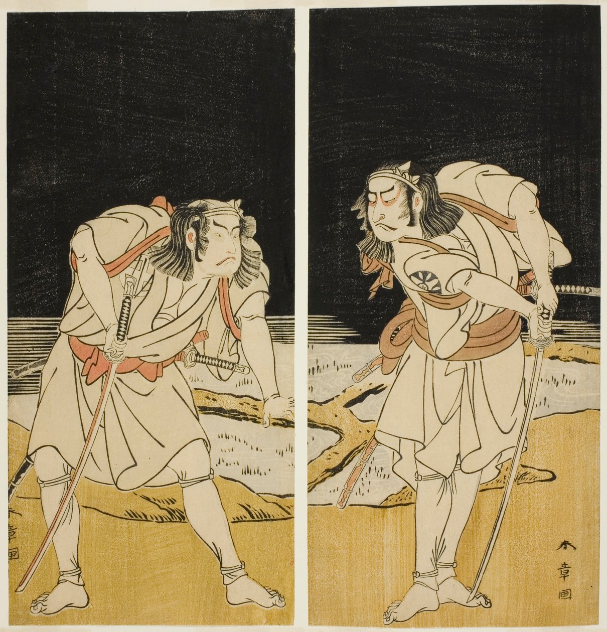 Herci Nakamura Nakazo I jako Omi no Kotoda (vpravo) a Otani Hiroji III jako Bamba no Chuda (vlevo) ve filmu Joruri "Sono Chidori Yowa no Kamisuki" (Kulíci: Česání vlasů o půlnoci), z druhé části Zahrajte si O-atsurae-zome Soga no Hinagata (A Soga P od Katsukawa Shunsho