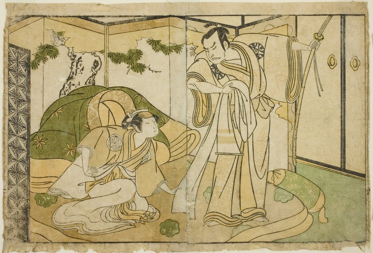 Herci Nakamura Nakazo I jako Taira no Kiyomori (vpravo) a Yamashita Kinsaku II jako Tokiwa Gozen (vlevo) ve hře Play Nue no Mori Ichiyo no Mato, představení v divadle Nakamura v jedenáctém měsíci, 1770 od Katsukawa Shunsho