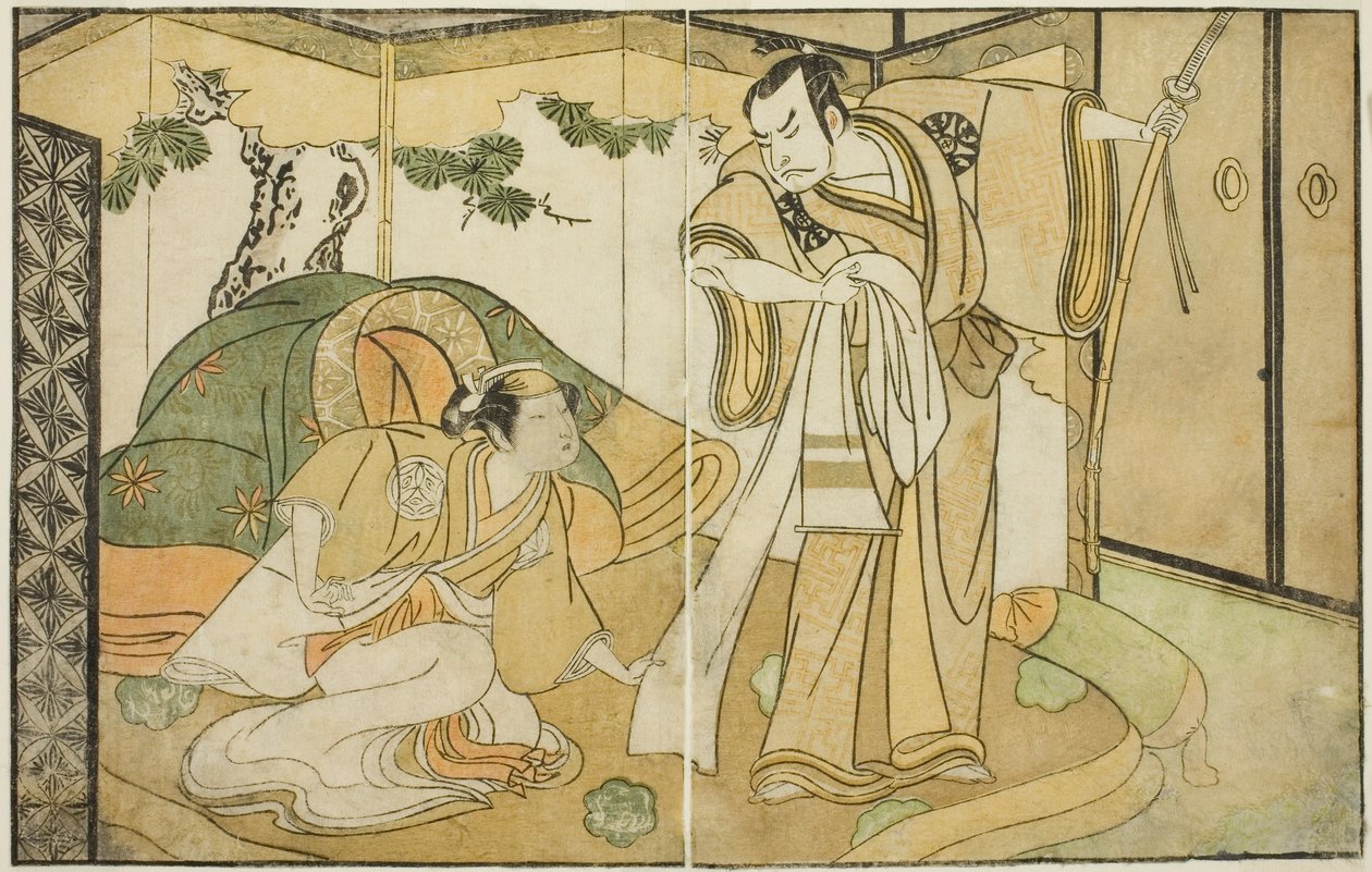 Herci Nakamura Nakazo I jako Taira no Kiyomori (vpravo) a Yamashita Kinsaku II jako Tokiwa Gozen (vlevo) ve hře Play Nue no Mori Ichiyo no Mato, představení v divadle Nakamura v jedenáctém měsíci, 1770 od Katsukawa Shunsho