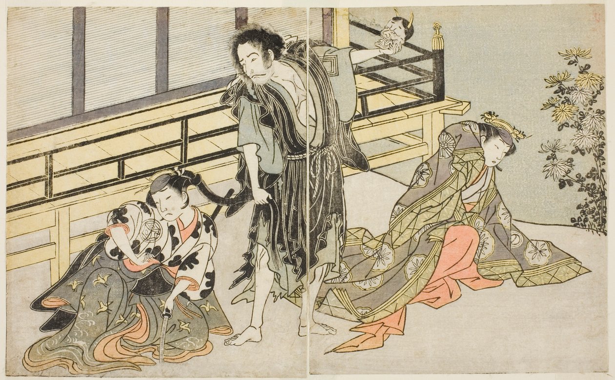 Herci Nakamura Noshio I jako Nyosan no Miya (vpravo), Ichikawa Danjuro V jako renegátský mnich Yochin (uprostřed) a Yamashita Kinsaku II jako služka Mutsuhana (vlevo), ve hře Fuki Kaete Tsukimo Yoshiwara, představení v divadle Morita v jedenáctce od Katsukawa Shunsho