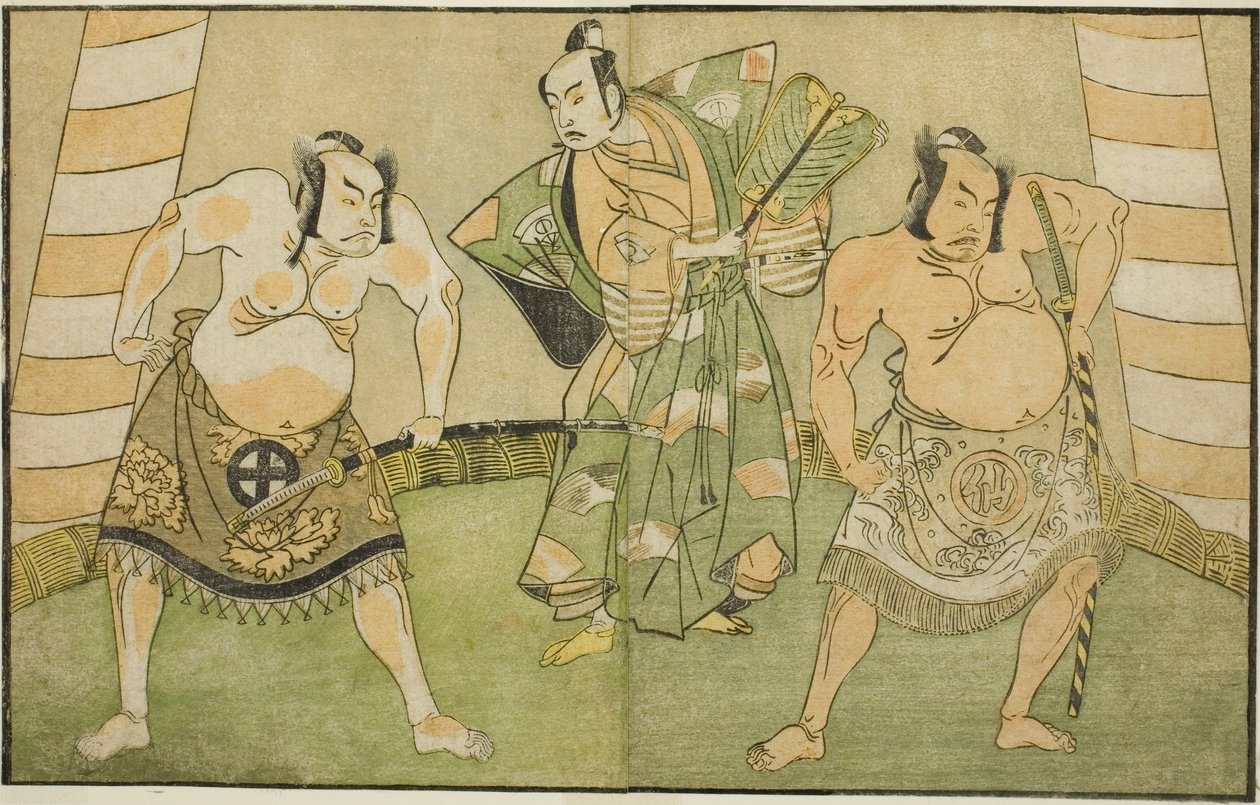 Herci Nakamura Sukegoro II jako Matano no Goro (vpravo), Onoe Kikugoro I jako Soga no Taro (uprostřed) a Otani Hiroji III jako Kawazu no Saburo (vlevo), ve hře Myoto-giku Izu no Kisewata, hrané v Ichimuře Divadlo v jedenáctém měsíci, 1770 od Katsukawa Shunsho