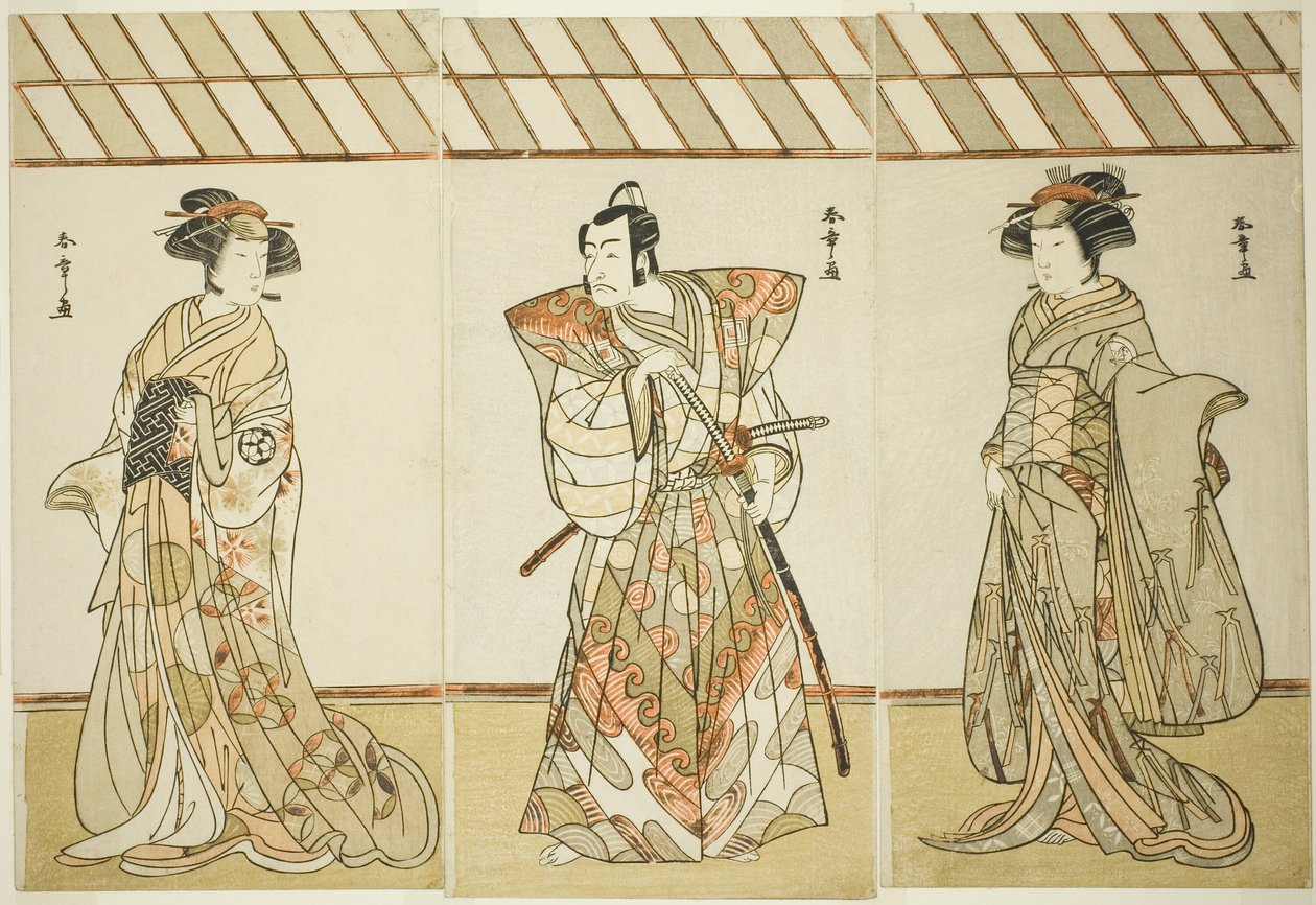 Herci Onoe Tamizo I jako Nishikigi (?) nebo Otae (?) (vpravo), Ichikawa Danjuro V jako Miura Heidayu Kunitae (?) (uprostřed) a Osagawa Tsuneyo II jako Oyuki (?) (vlevo), v Datum hry Nishiki Tsui no Yumitori (?), Vystoupení v divadle Morita (?) v E od Katsukawa Shunsho