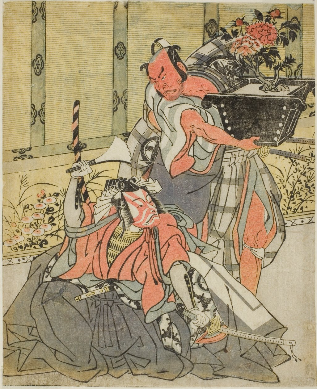 Herci Otani Hiroemon III jako Shinagawa Okaminosuke (vpravo) a Ichikawa Danjuro V jako Arashishi Otokonosuke (vlevo) ve hře Fuki Kaete Tsuki mo Yoshiwara (Rethched Roof: The Moon also Shines Over the Yoshiwara Pleasure District), vystoupili na od Katsukawa Shunsho