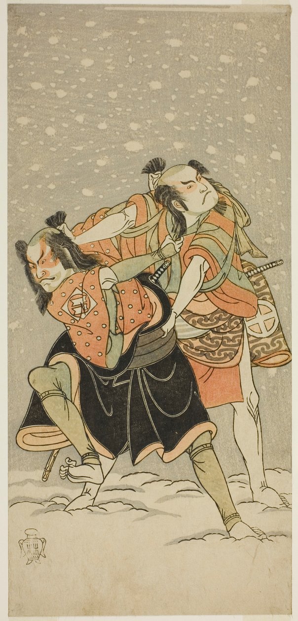 Herci Otani Hiroji III jako Kameo (vpravo) a Sakata Sajuro I jako Ario (vlevo) ve hře Play Hime Komatsu Ne no Hi Asobi, představení v divadle Ichimura v devátém měsíci, 1768 od Katsukawa Shunsho