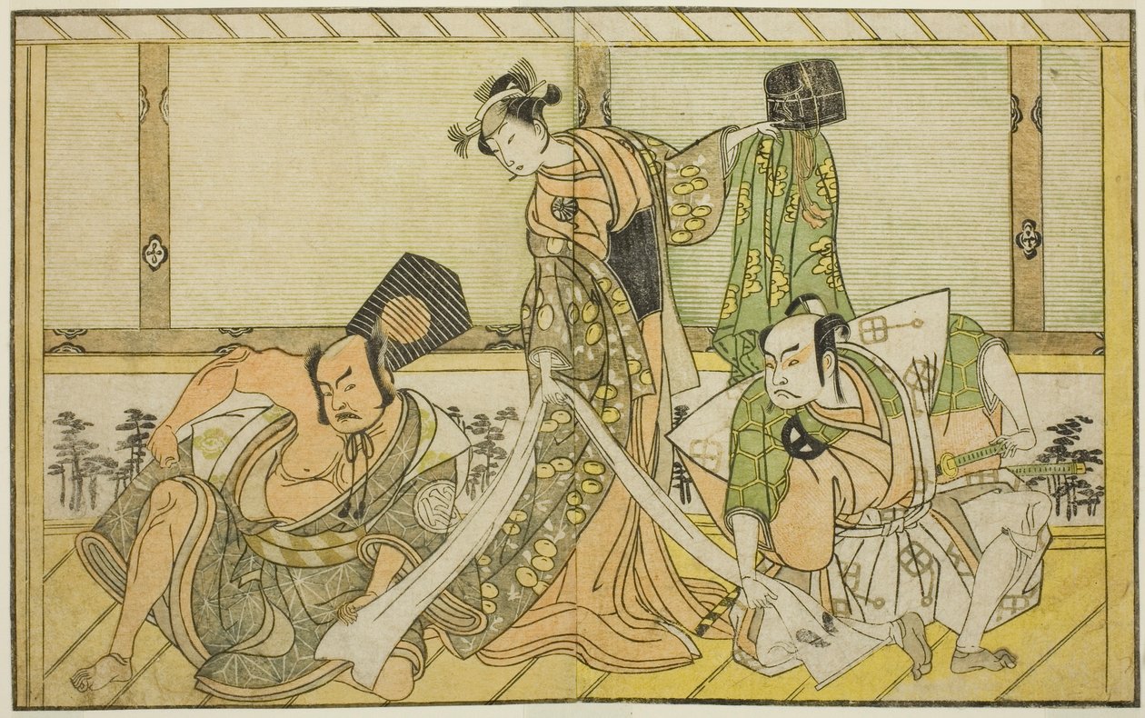 Herci Otani Hiroji III jako Kawazu no Saburo (vpravo), Segawa Kikunojo II jako princezna Tatsu (Tatsu Hime) (uprostřed) a Nakamura Sukegoro II jako Matano no Goro (vlevo), ve hře Myoto-giku Izu no Kisewata, hrají v divadle Ichimura v jedenácti od Katsukawa Shunsho