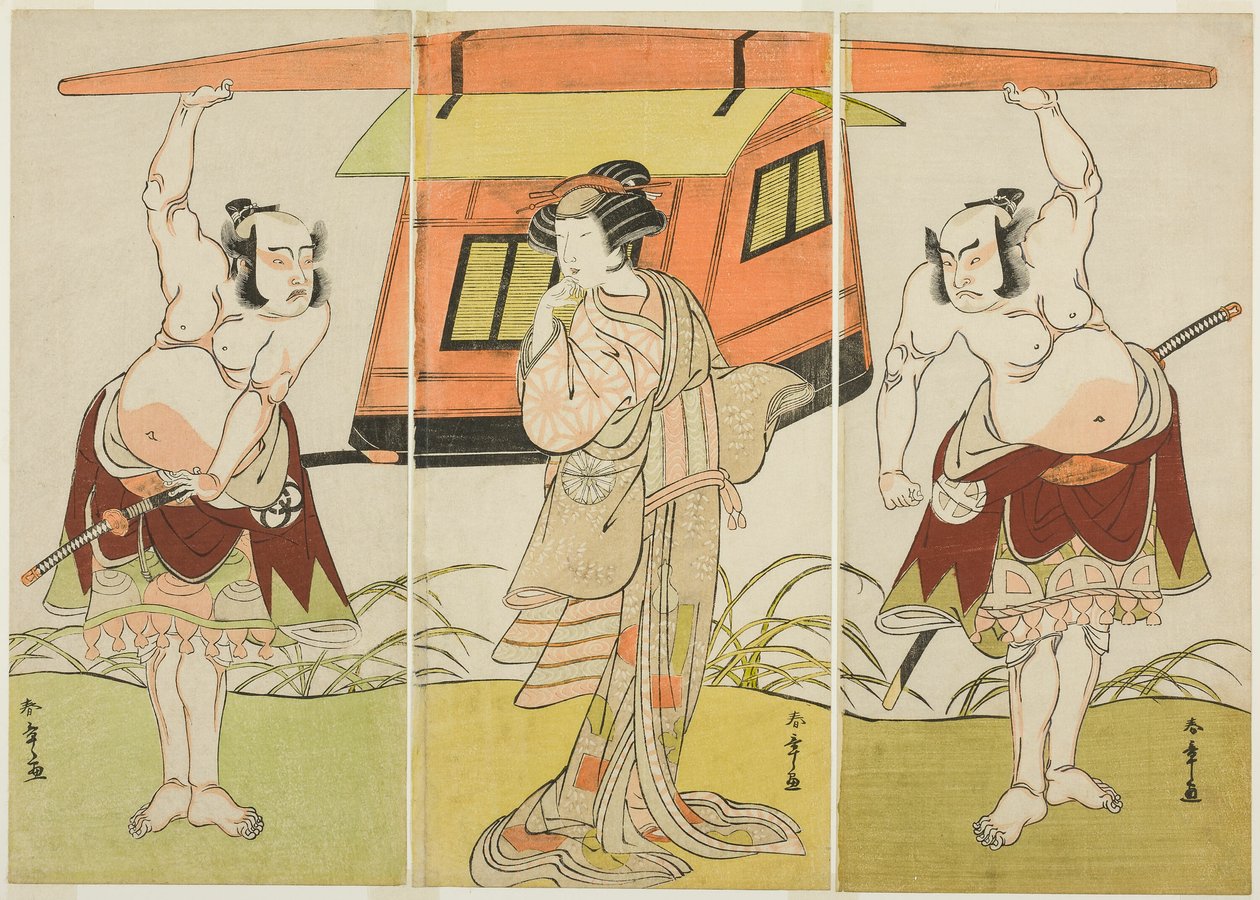 Herci Otani Hiroji III jako Yokambei (vpravo), Nakamura Tomijuro I jako Kuzunoha (uprostřed) a Bando Mitsugoro I jako Yakambei (vlevo), v Poslední scéně ze hry Shinodazuma (Manželka z lesa Shinoda), zahraná jako doplněk do Play Kikyo-zom od Katsukawa Shunsho
