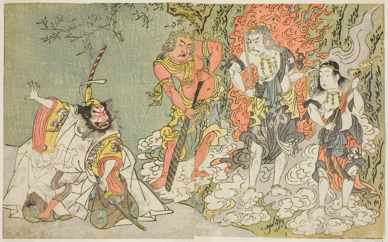 Herci Sawamura Kijuro I jako Ikazuchi Shinno, princ hromu (zcela vlevo), Ichikawa Danjuro V jako buddhistické božstvo Fudo (druhý zleva), Nakamura Sukegoro II jako Seitaka Doji (druhý zprava) a Bando Mitsugoro I jako Kongara Doji (zcela vpravo), v od Katsukawa Shunsho