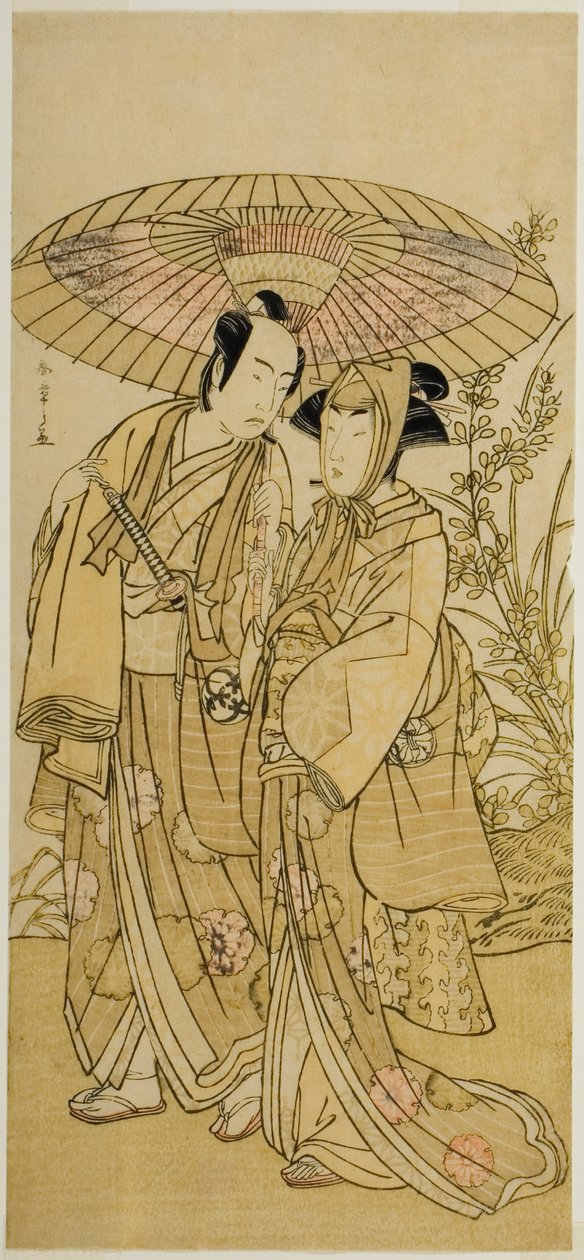 Herci Segawa Kikunojo III (vpravo) jako Ochiyo a Bando Mitsugoro I (vlevo) jako zelinář Hambei ve hře Kabuki no Hana Bandai Soga, uvedené v divadle Ichimura ve čtvrtém měsíci, 1781 od Katsukawa Shunsho