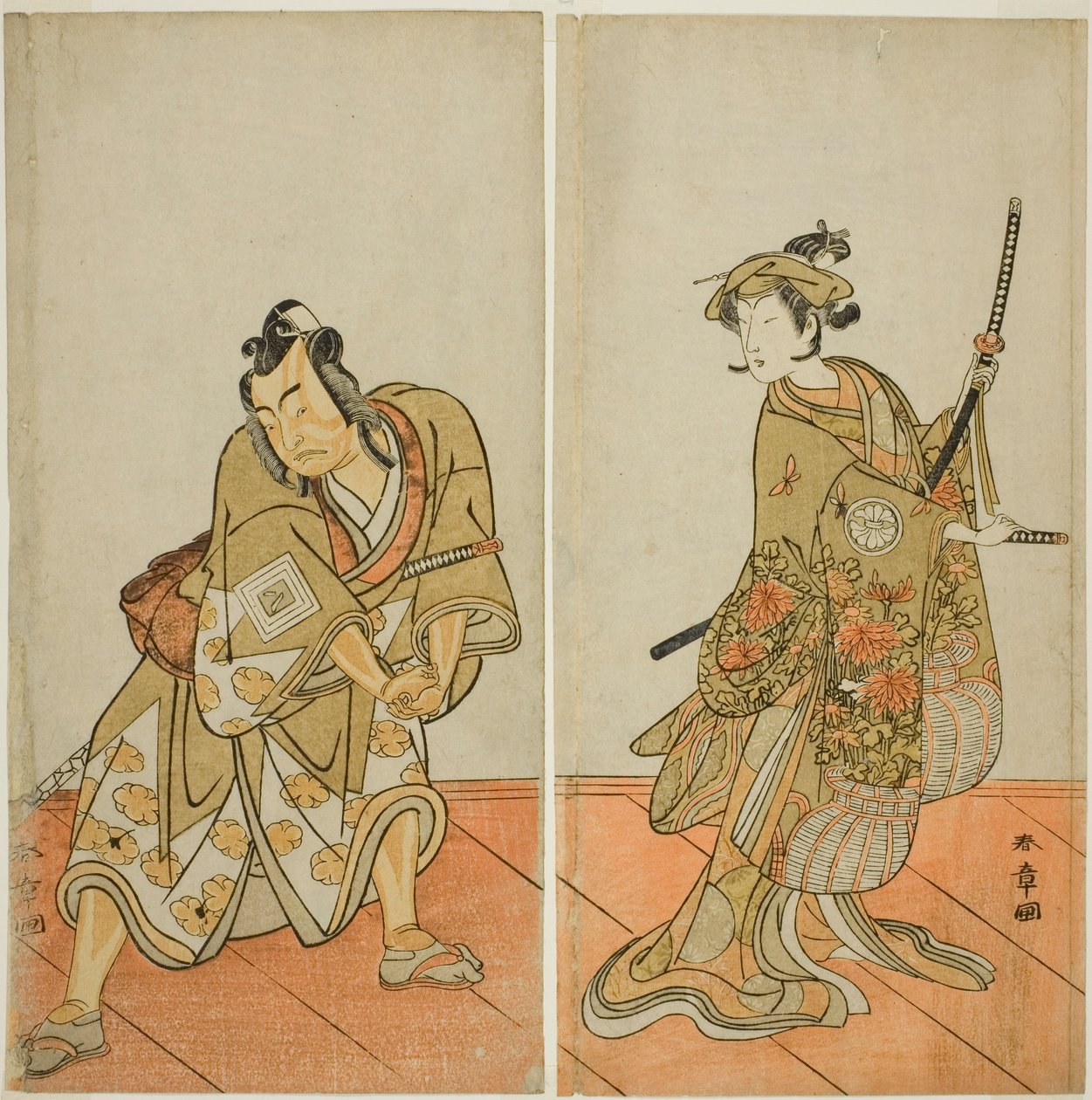 The Actors Segawa Kikunojo III as Aigo no Waka (right), and Ichikawa Yaozo II as Hachio-maru Aratora (left), in the Play Chigo Sakura Jusan Kane, Performed at the Ichimura Theater in the Eleventh Month, 1774 od Katsukawa Shunsho