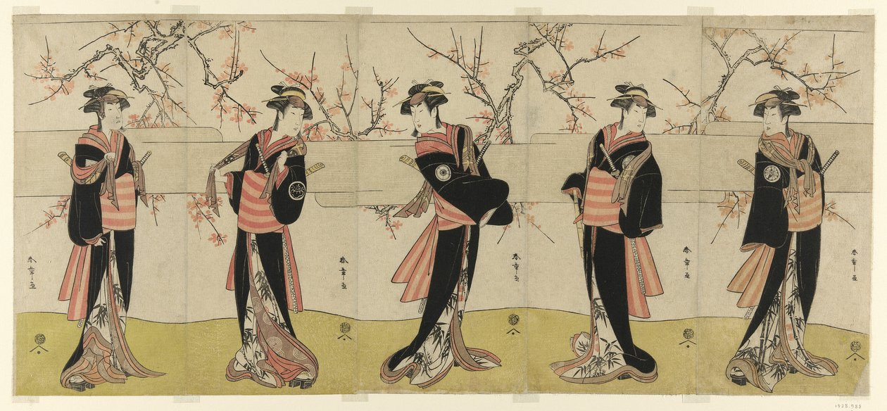 Herci Segawa Kikunojo III jako Karigane Obun, Nakayama Tomisaburo I jako An no Oyasu, Iwai Kiyotaro II jako Kaminari no Osha, Nakayama Tatezo I jako Gokuin no Osen a Ichikawa Monnosuke II jako Hotei no Oichi (zprava doleva) ve filmu Gonin Onna," scéna jedn od Katsukawa Shunsho