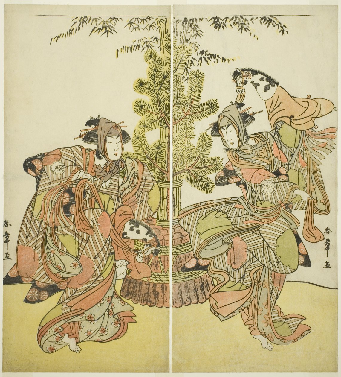 Herci Segawa Kikunojo III jako Yasukata (vpravo) a Iwai Hanshiro IV jako Utou (vlevo) ve hře Godai Genji Mitsugi no Furisode, představení v divadle Nakamura v jedenáctém měsíci, 1782 od Katsukawa Shunsho