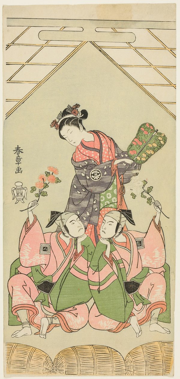Herci Segawa Kikunojo II jako Mokrá sestra Reizei, Ichikawa Komazo I jako Suruga no Hachiro v masce hráče Shamisen Kichiroku (vpravo) a Ichikawa Yaozo II jako Tada no Kurando v masce nositele Palanquin Kichinai (vlevo), ve scéně od Katsukawa Shunsho