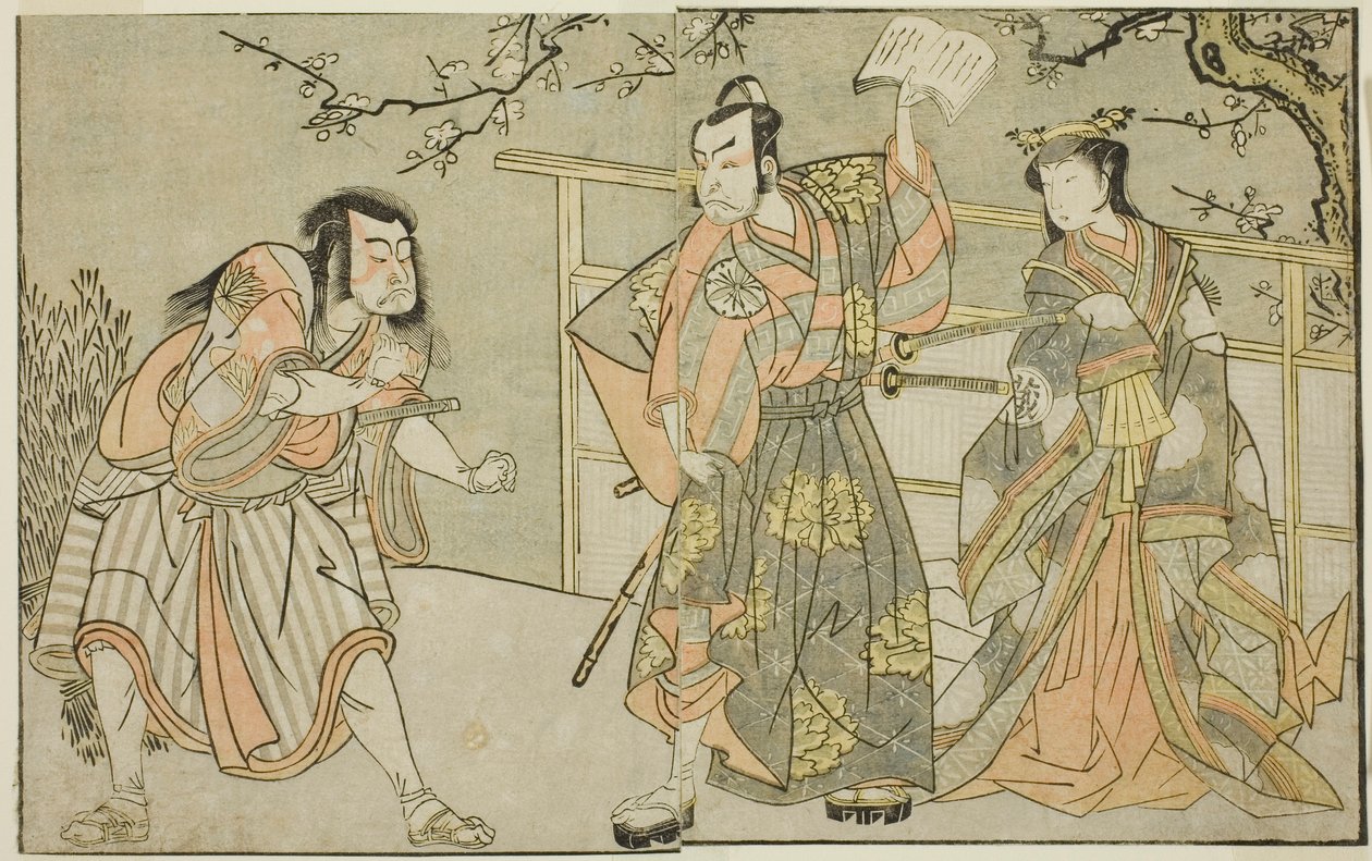 Herci Yamashita Yaozo I jako Ono no Komachi (vpravo), Matsumoto Koshiro II jako Godai Saburo (uprostřed) a Ichikawa Danzo III jako Otomo no Kuronushi (vlevo) ve hře "Kuni no Hana Ono no Itsumoji" vystoupili na festivalu Nakamurovo divadlo v jedenáctém měsí od Katsukawa Shunsho