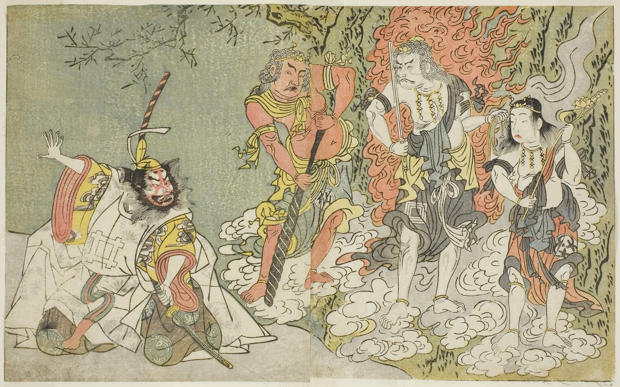 Hra Fuki Kaete Tsuki mo Yoshiwara (Rethatched Roof: The Moon also Shines Over the Yoshiwara Pleasure District), uvedená v divadle Morita v jedenáctém měsíci, asi 1771-72 (dřevoryt) od Katsukawa Shunsho