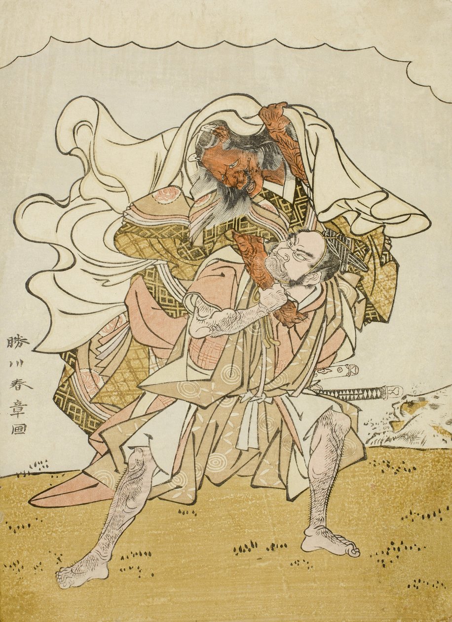Válečník Omori Hikoshichi nesoucí na zádech démonku, kolem roku 1772 (barevný dřevotisk; chuban) od Katsukawa Shunsho