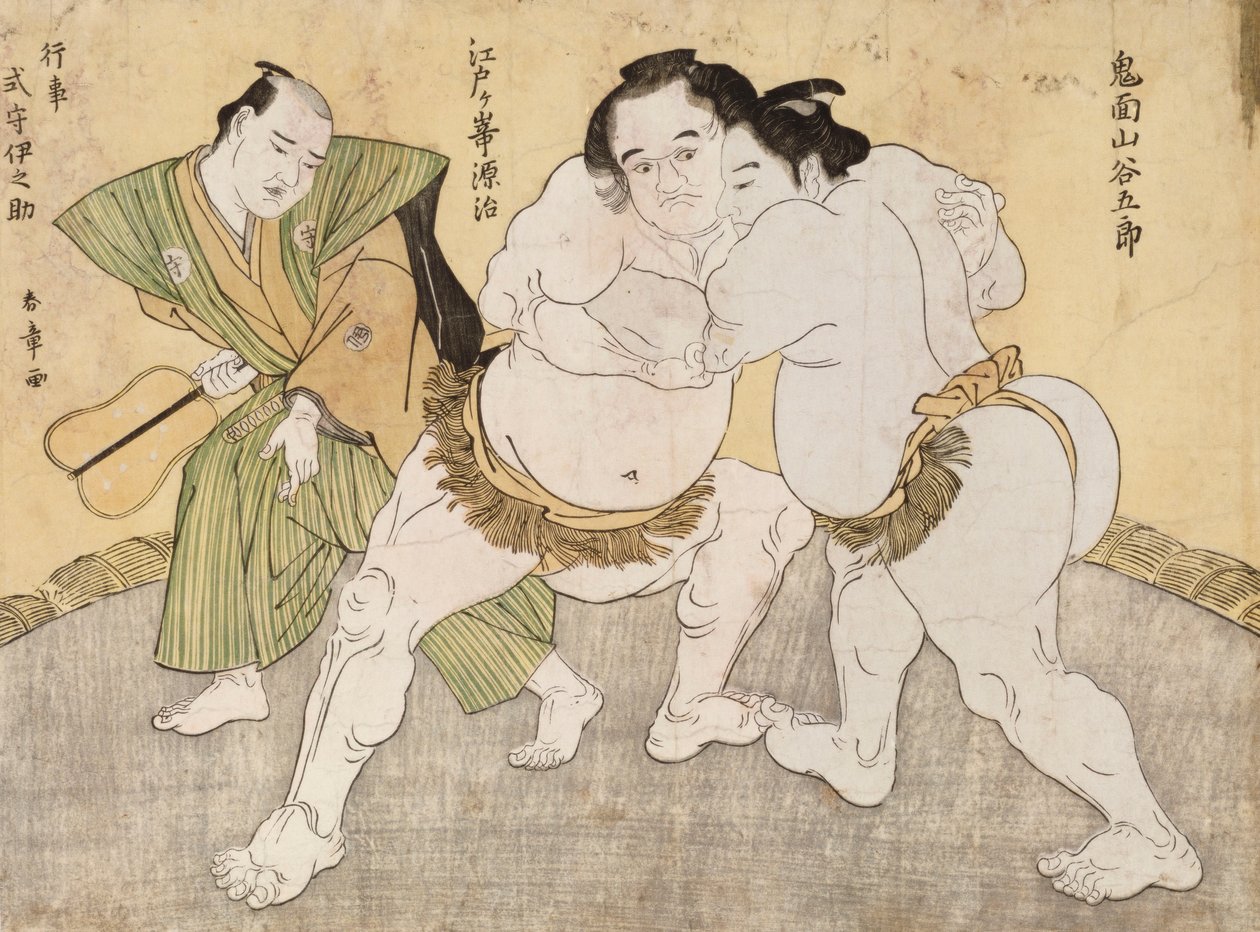 Wrestling Match mezi Kimenzan Tanigoro a Edogasaki Gemji (barevný dřevotisk) od Katsukawa Shunsho